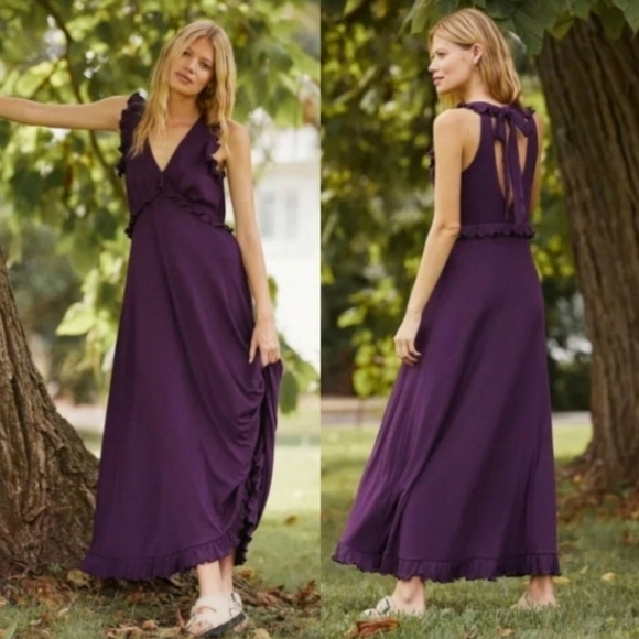 Anthropologie | Women's Purple V-Neck Ruffle Maxi Length Dress (US Size XL) - Picture 9 of 15